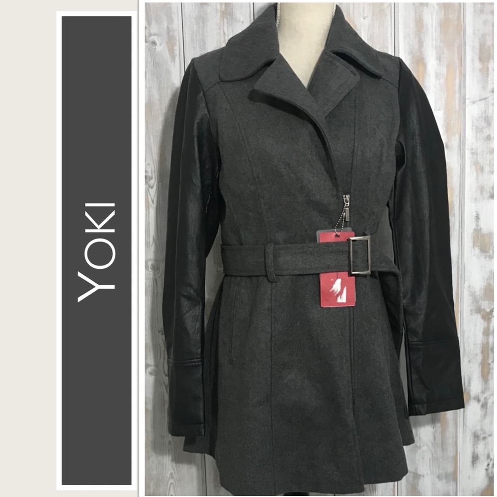 Yoki Mid-Length Coat‎ Charcoal Body & Belt, Black Leather Sleeves Size XL NWT